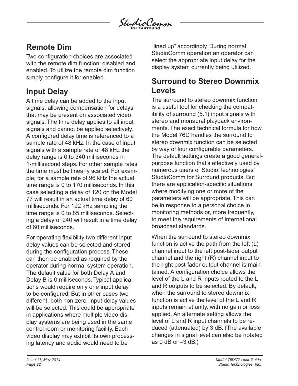 Remote dim, Input delay, Surround to stereo downmix levels | Studio Technologies 76D 2014 User Manual | Page 22 / 53