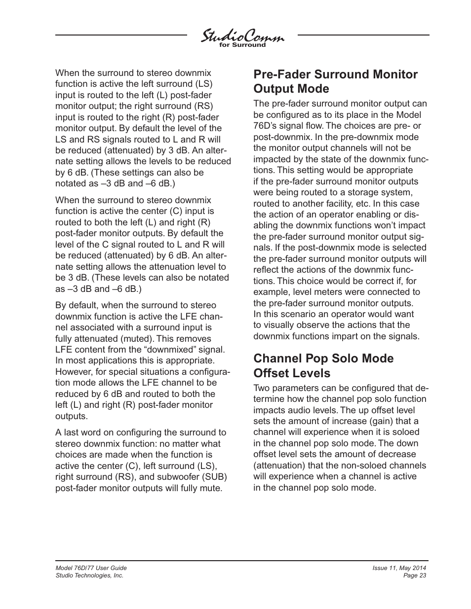 Pre-fader surround monitor output mode, Channel pop solo mode offset levels | Studio Technologies 76D 2014 User Manual | Page 23 / 53