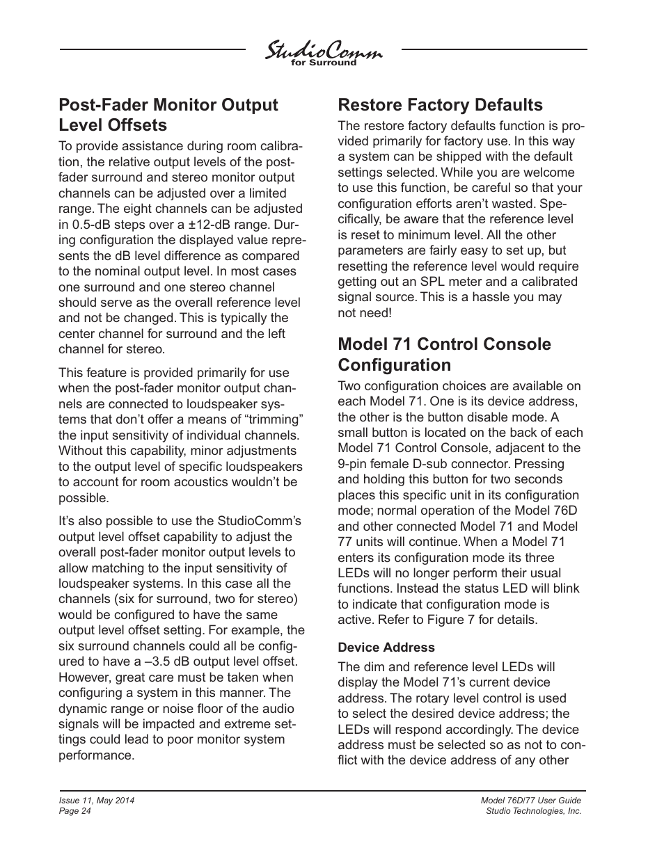 Post-fader monitor output level offsets, Restore factory defaults, Model 71 control console conﬁguration | Studio Technologies 76D 2014 User Manual | Page 24 / 53