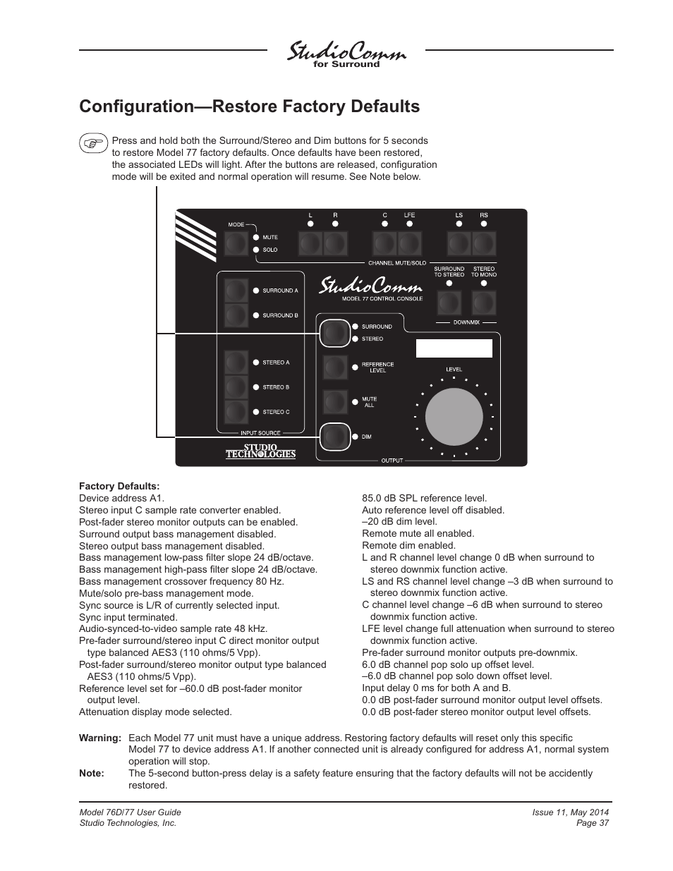 Conﬁguration—restore factory defaults | Studio Technologies 76D 2014 User Manual | Page 37 / 53