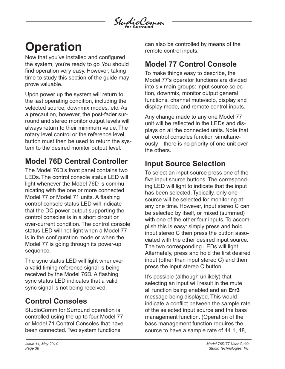 Operation, Model 76d central controller, Control consoles | Model 77 control console, Input source selection | Studio Technologies 76D 2014 User Manual | Page 38 / 53