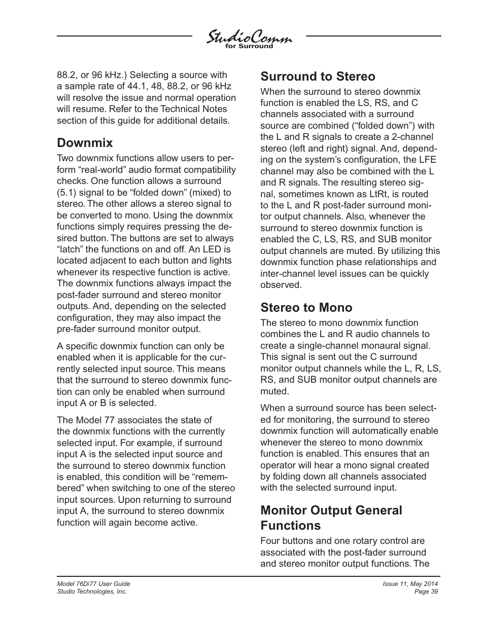 Downmix, Surround to stereo, Stereo to mono | Monitor output general functions | Studio Technologies 76D 2014 User Manual | Page 39 / 53