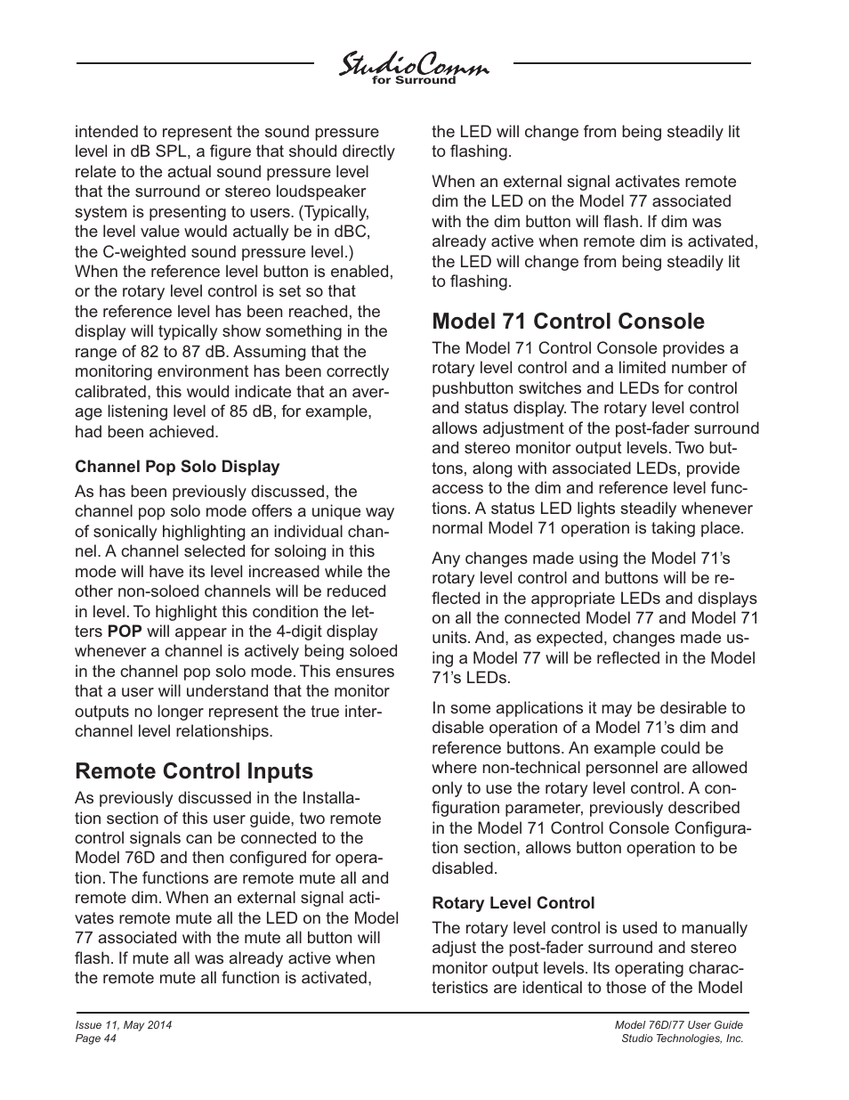Remote control inputs, Model 71 control console | Studio Technologies 76D 2014 User Manual | Page 44 / 53