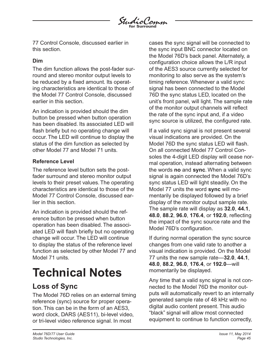 Technical notes, Loss of sync | Studio Technologies 76D 2014 User Manual | Page 45 / 53
