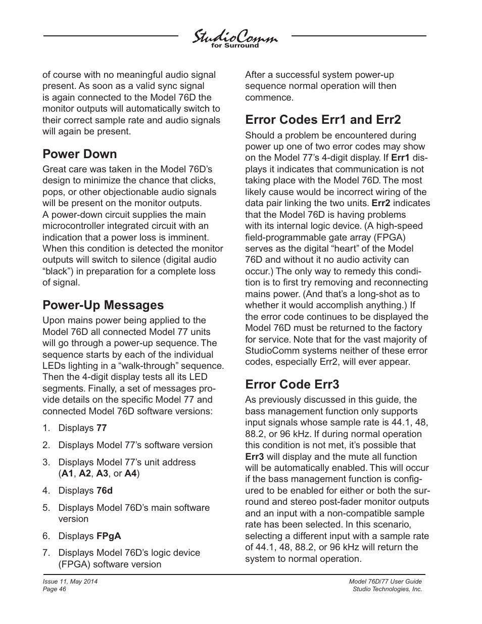 Power down, Power-up messages, Error codes err1 and err2 | Error code err3 | Studio Technologies 76D 2014 User Manual | Page 46 / 53