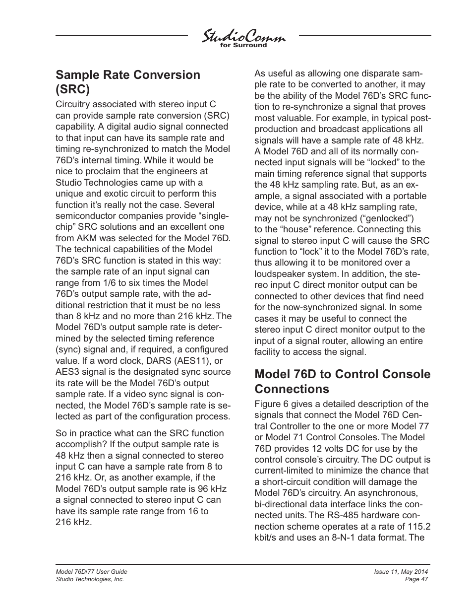 Sample rate conversion (src), Model 76d to control console connections | Studio Technologies 76D 2014 User Manual | Page 47 / 53