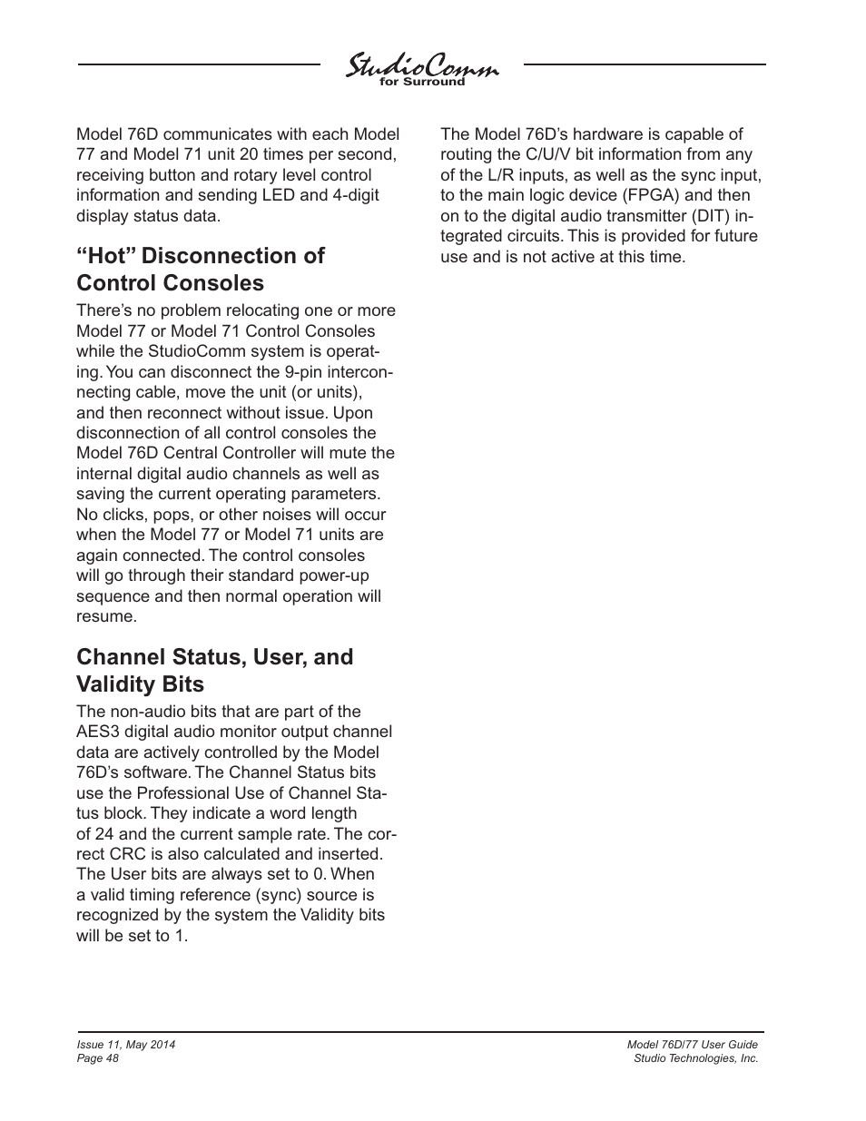 Hot” disconnection of control consoles, Channel status, user, and validity bits | Studio Technologies 76D 2014 User Manual | Page 48 / 53