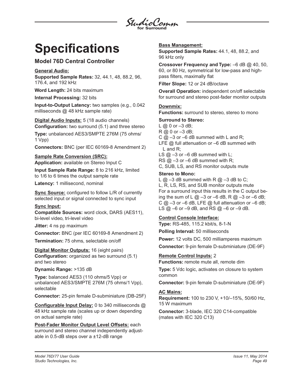 Specifications, Speciﬁcations | Studio Technologies 76D 2014 User Manual | Page 49 / 53