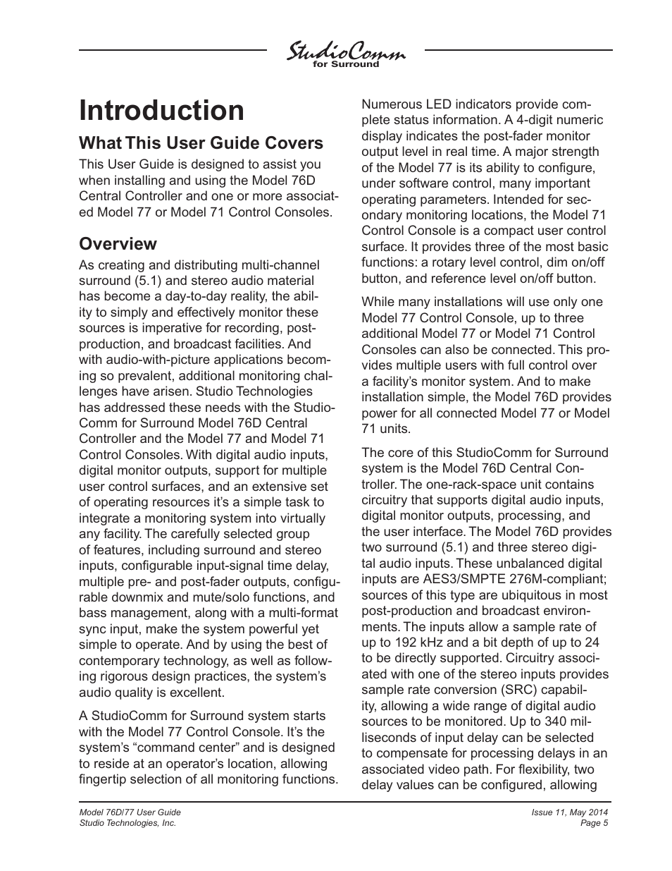 Introduction, What this user guide covers, Overview | Studio Technologies 76D 2014 User Manual | Page 5 / 53