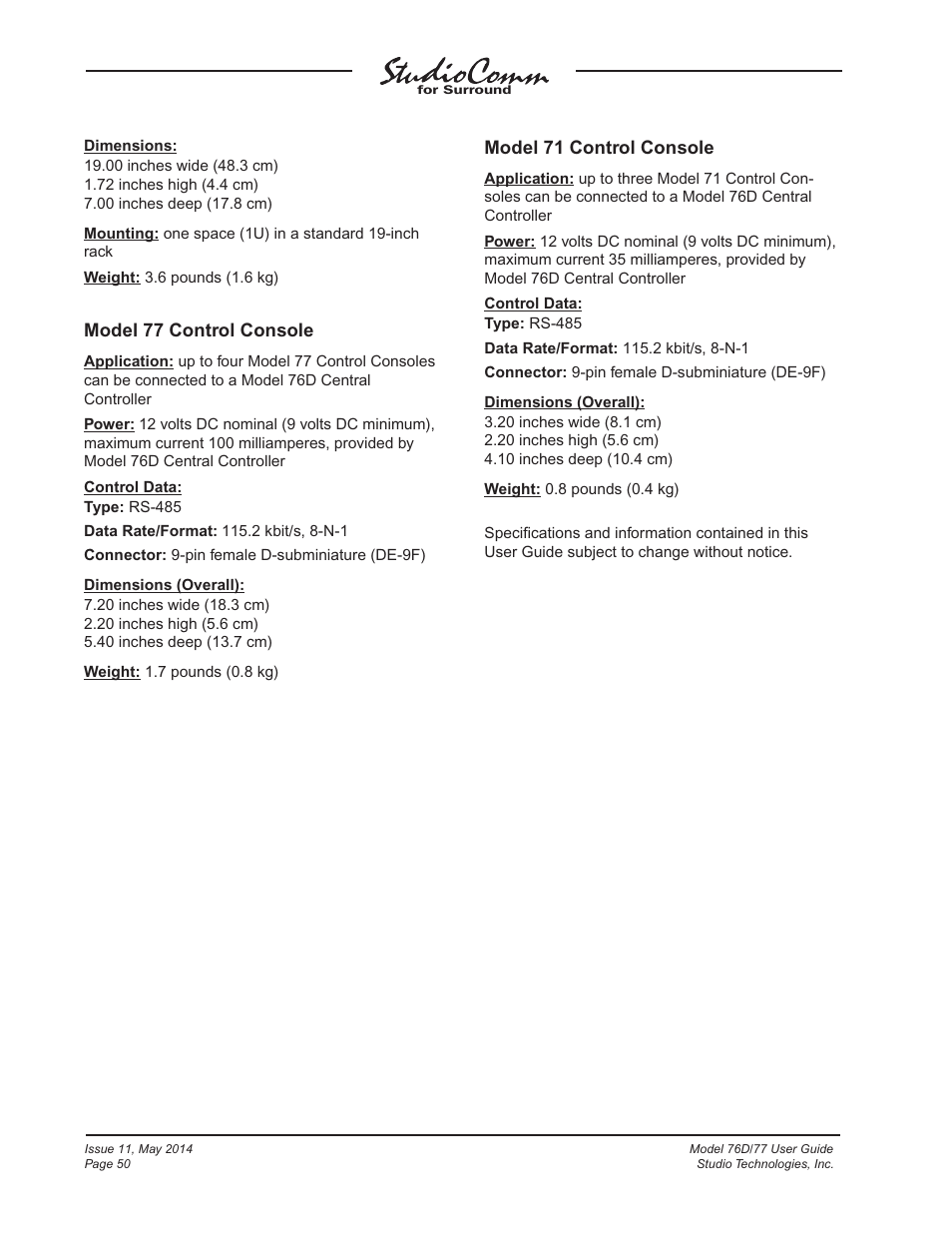 Model 77 control console, Model 71 control console | Studio Technologies 76D 2014 User Manual | Page 50 / 53