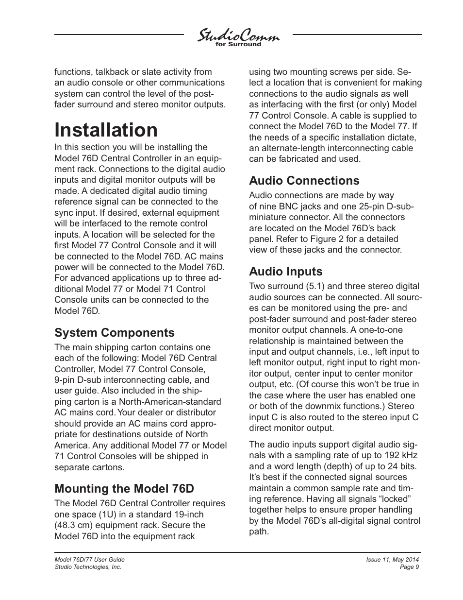 Installation, System components, Mounting the model 76d | Audio connections, Audio inputs | Studio Technologies 76D 2014 User Manual | Page 9 / 53