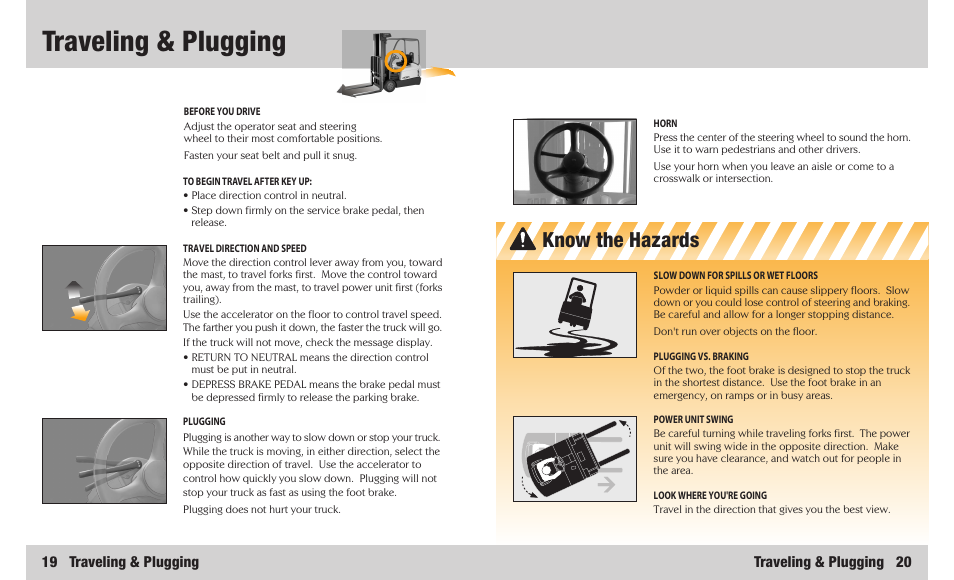 Traveling & plugging, Know the hazards, Traveling & plugging 20 19 traveling & plugging | Crown Equipment 4500 Series User Manual | Page 11 / 16