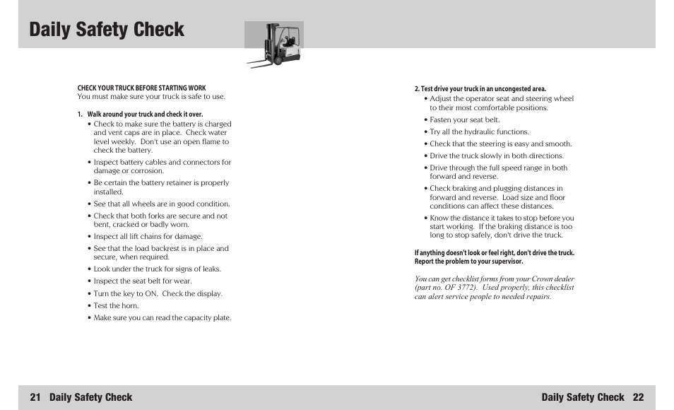 Daily safety check, 21 daily safety check, Daily safety check 22 | Crown Equipment 4500 Series User Manual | Page 12 / 16