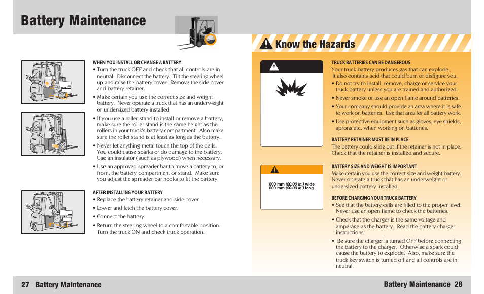 Battery maintenance, Know the hazards, Battery maintenance 28 27 battery maintenance | Danger | Crown Equipment 4500 Series User Manual | Page 15 / 16