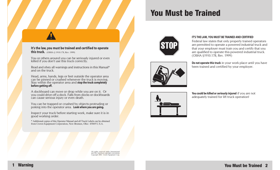 Stop, You must be trained, Warning | 1 warning, You must be trained 2 | Crown Equipment 4500 Series User Manual | Page 2 / 16