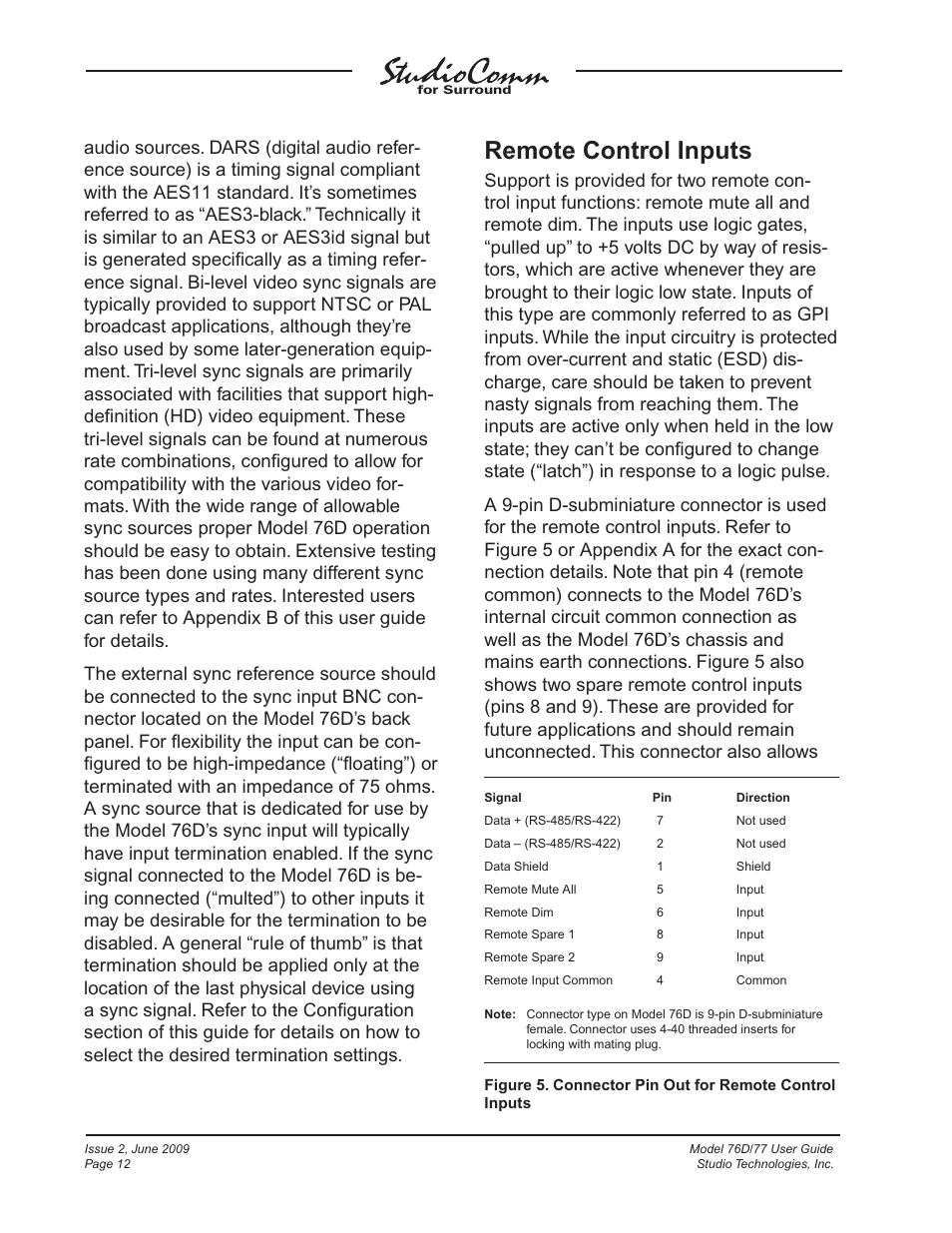 Remote control inputs | Studio Technologies 76D V.2.02 User Manual | Page 12 / 45