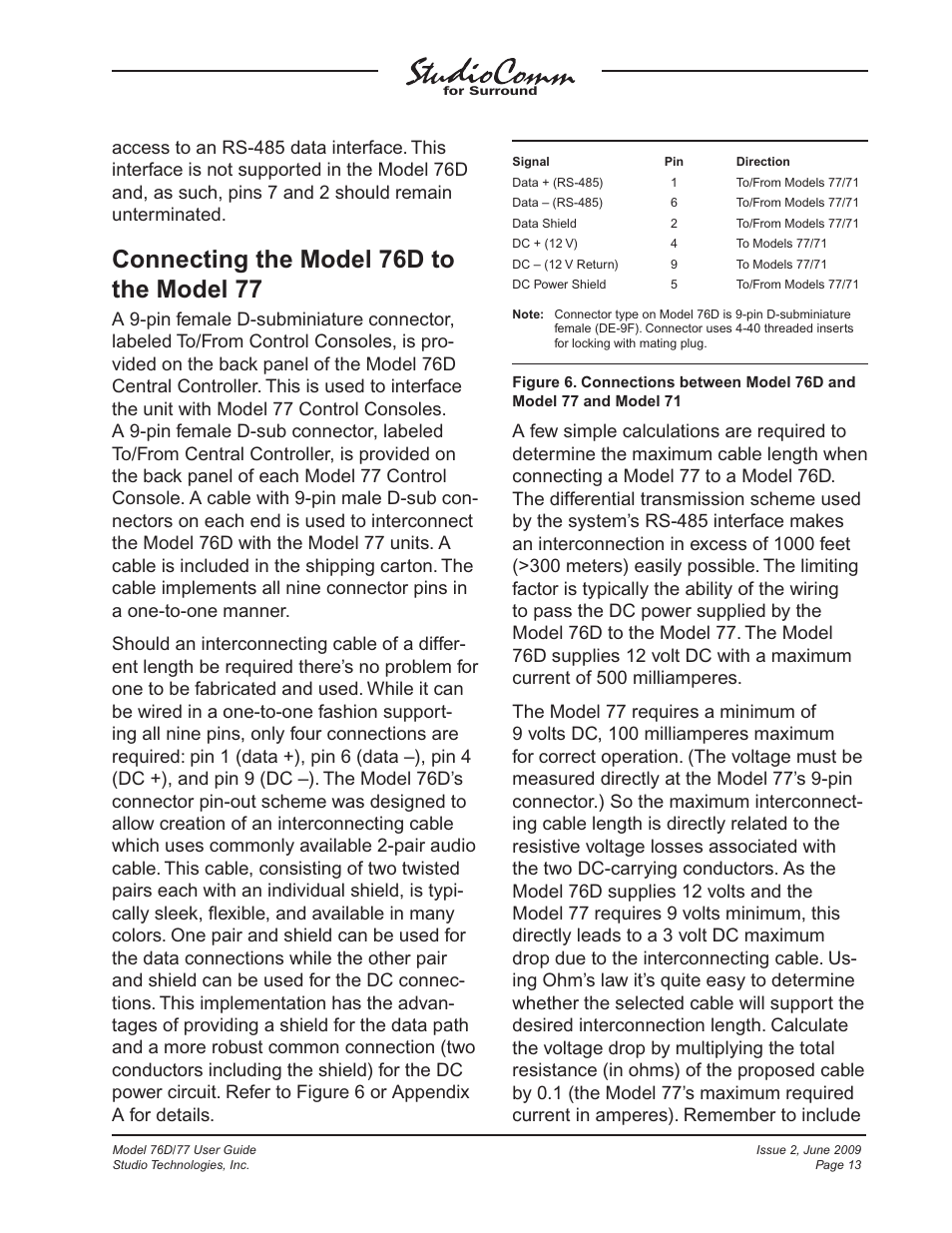 Connecting the model 76d to the model 77 | Studio Technologies 76D V.2.02 User Manual | Page 13 / 45