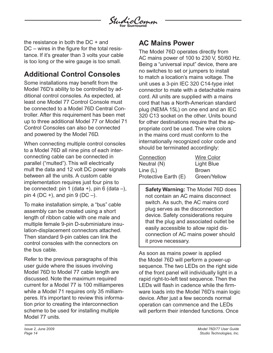 Additional control consoles, Ac mains power | Studio Technologies 76D V.2.02 User Manual | Page 14 / 45