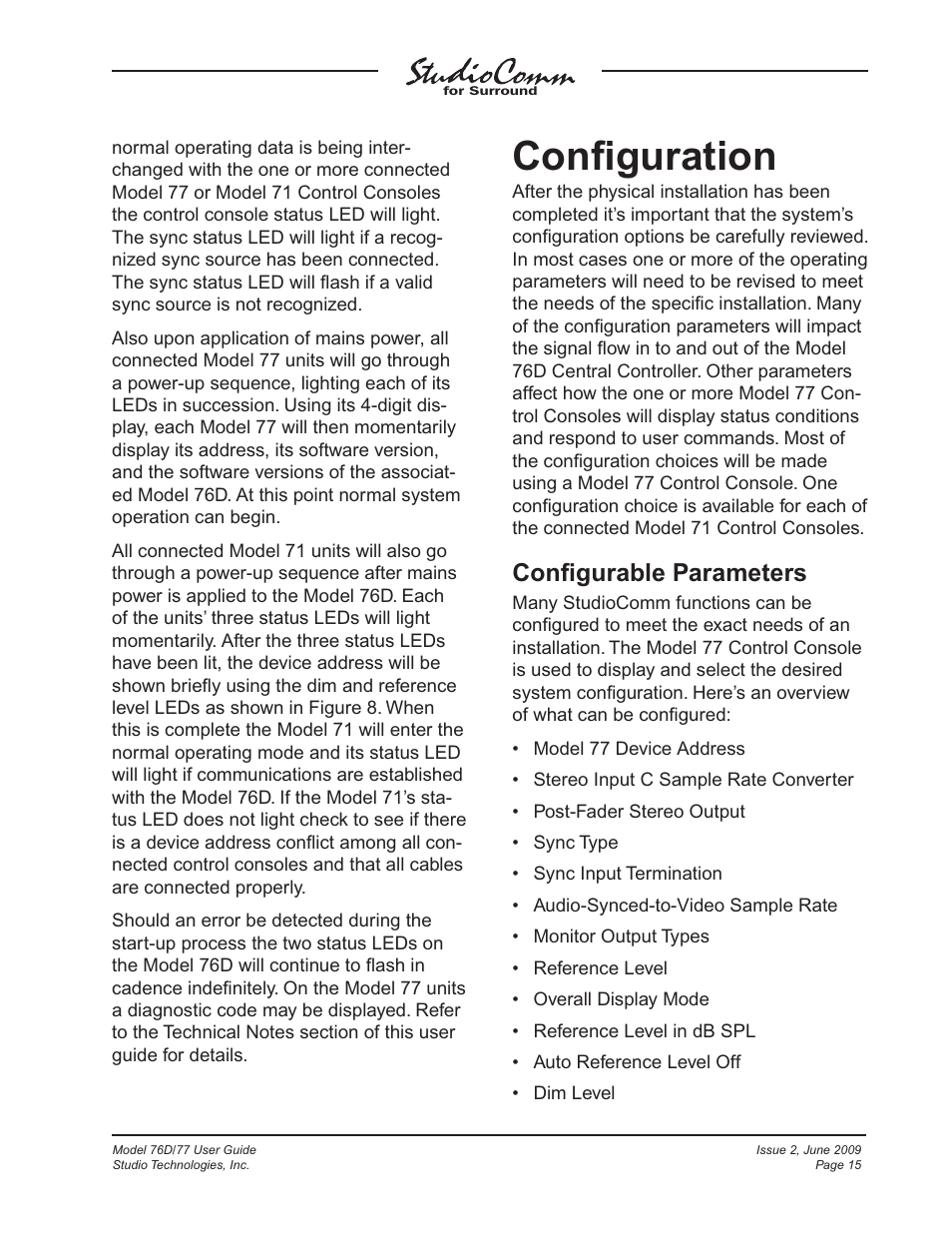 Configuration, Conﬁguration, Conﬁgurable parameters | Studio Technologies 76D V.2.02 User Manual | Page 15 / 45
