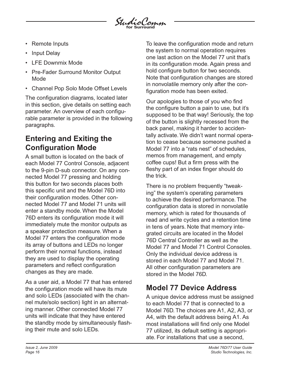 Entering and exiting the conﬁguration mode, Model 77 device address | Studio Technologies 76D V.2.02 User Manual | Page 16 / 45