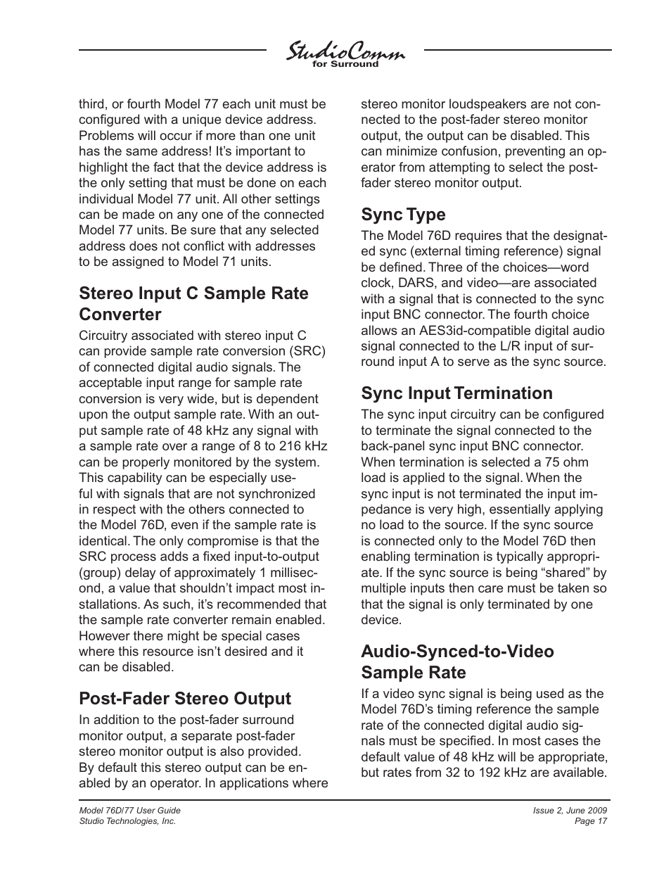 Stereo input c sample rate converter, Post-fader stereo output, Sync type | Sync input termination, Audio-synced-to-video sample rate | Studio Technologies 76D V.2.02 User Manual | Page 17 / 45