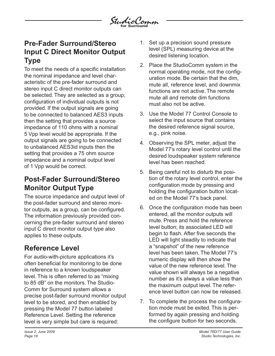 Post-fader surround/stereo monitor output type, Reference level | Studio Technologies 76D V.2.02 User Manual | Page 18 / 45