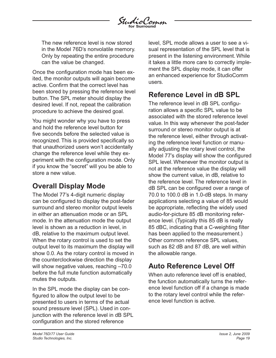 Overall display mode, Reference level in db spl, Auto reference level off | Studio Technologies 76D V.2.02 User Manual | Page 19 / 45