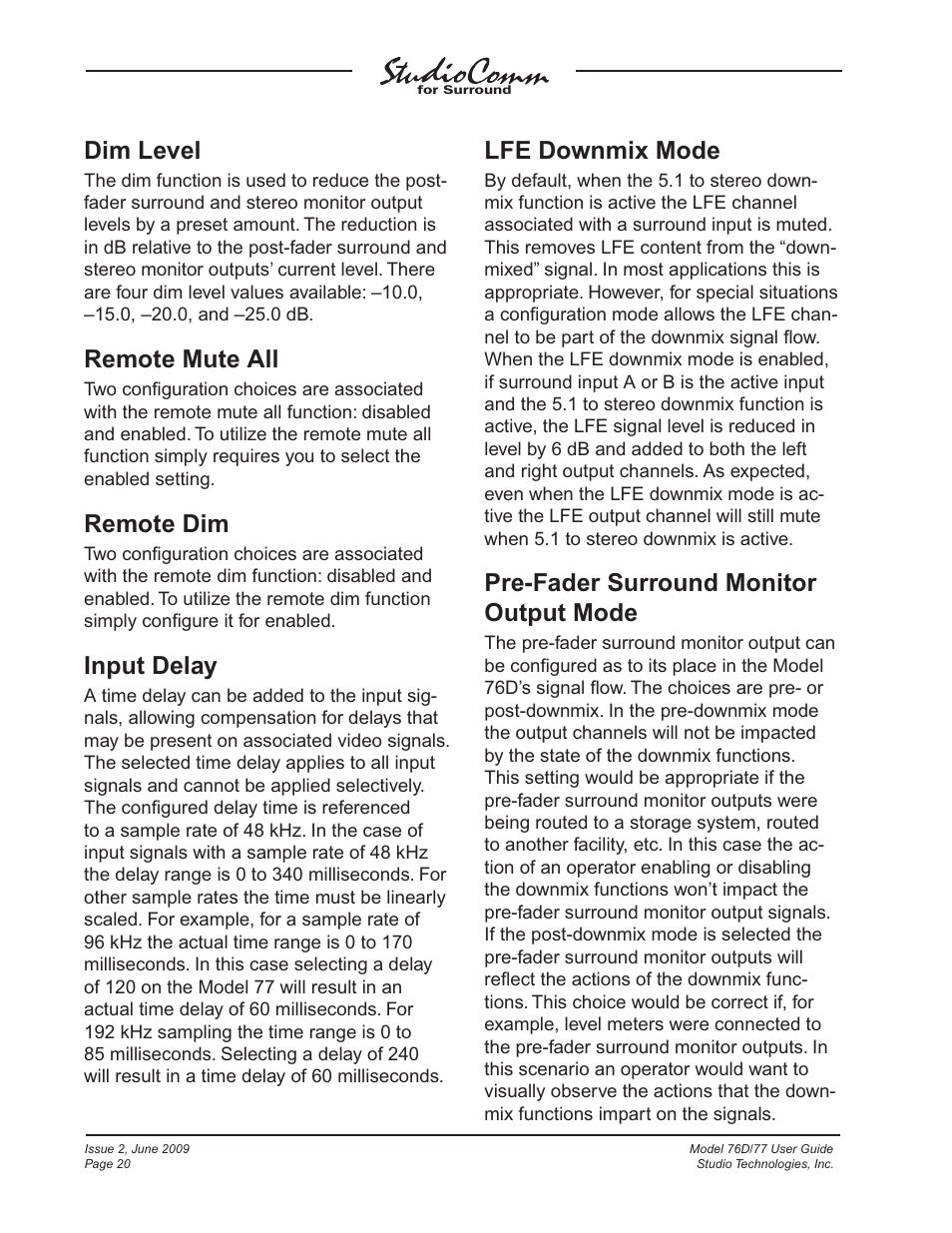 Dim level, Remote mute all, Remote dim | Input delay, Lfe downmix mode, Pre-fader surround monitor output mode | Studio Technologies 76D V.2.02 User Manual | Page 20 / 45