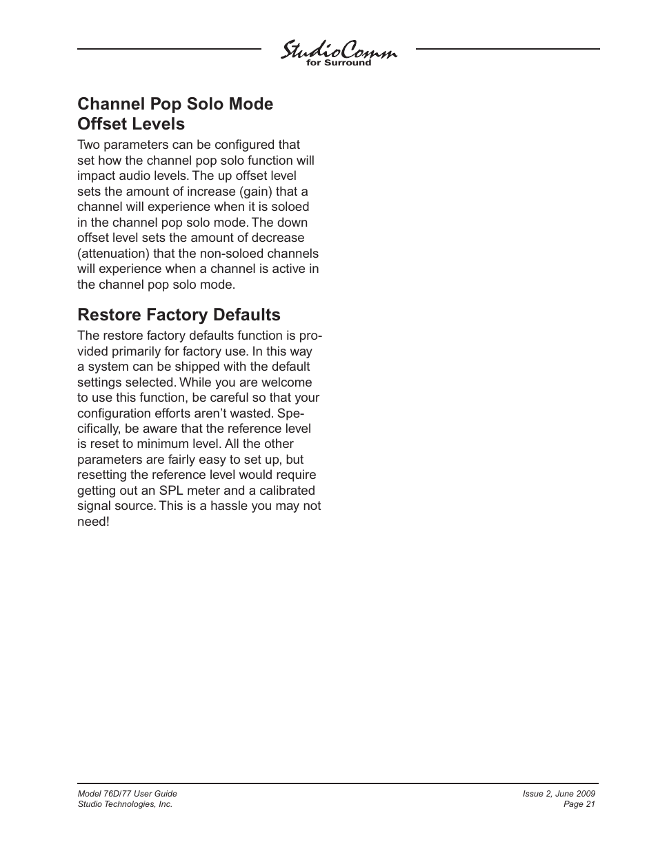 Channel pop solo mode offset levels, Restore factory defaults | Studio Technologies 76D V.2.02 User Manual | Page 21 / 45