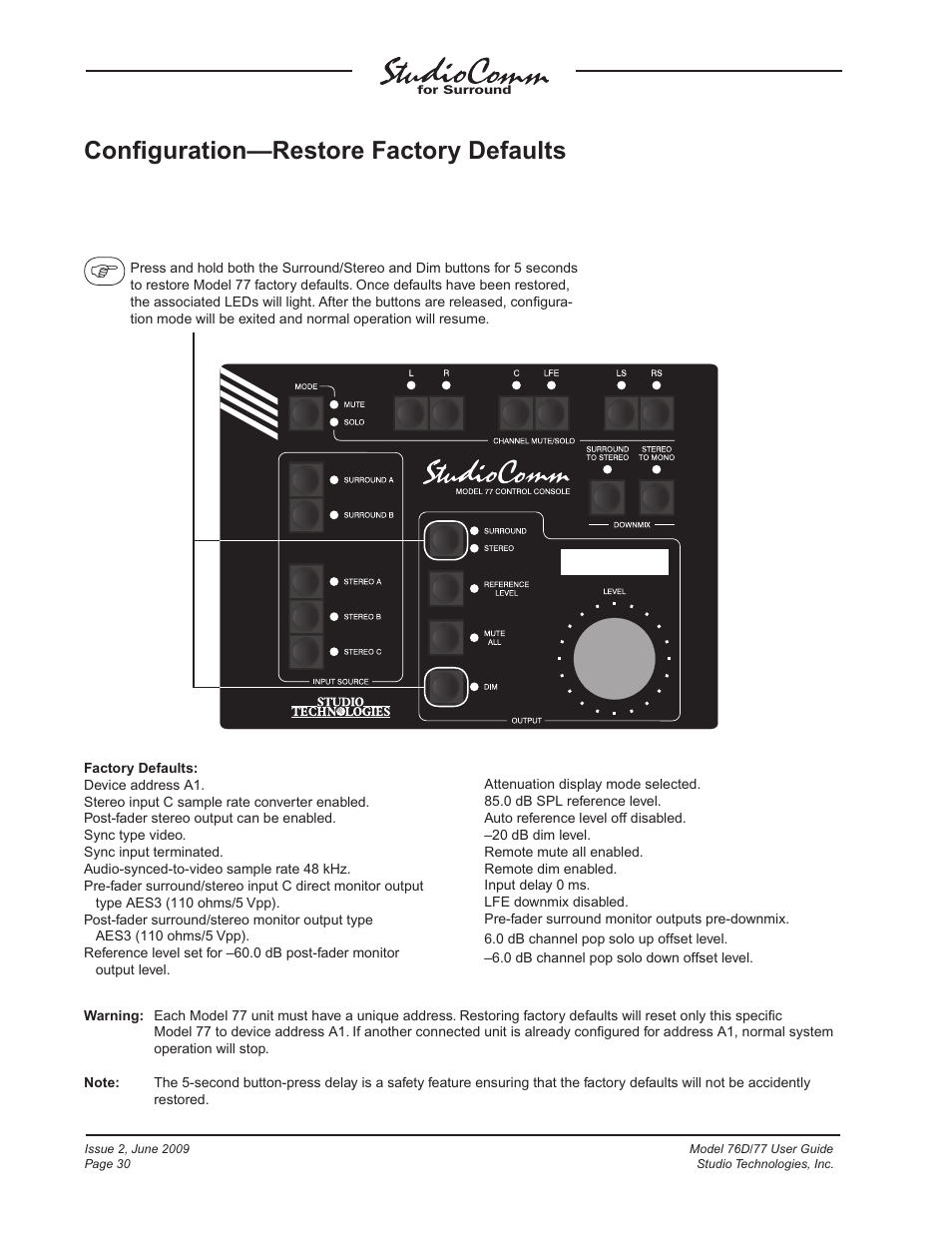 Conﬁguration—restore factory defaults | Studio Technologies 76D V.2.02 User Manual | Page 30 / 45