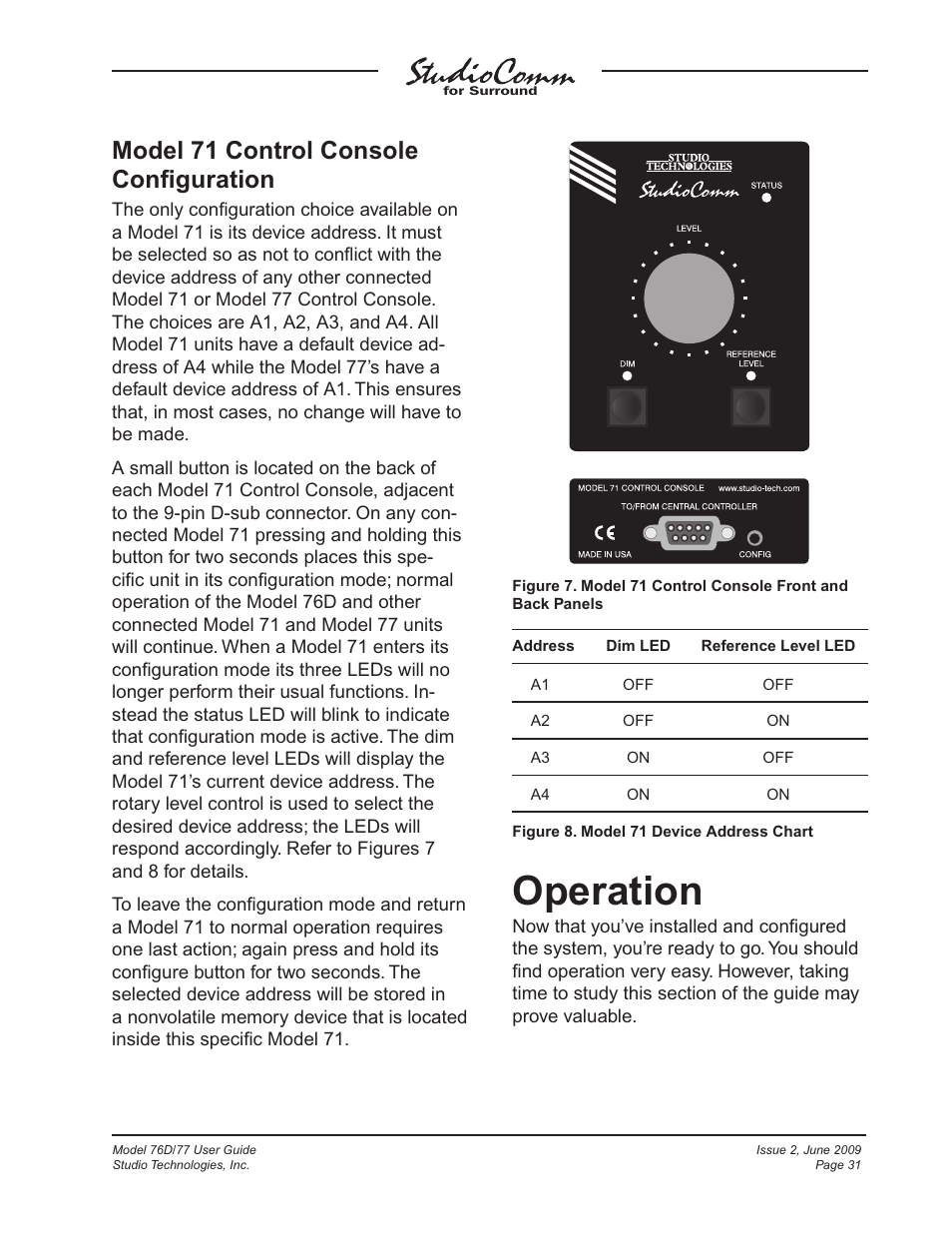 Operation, Model 71 control console conﬁguration | Studio Technologies 76D V.2.02 User Manual | Page 31 / 45