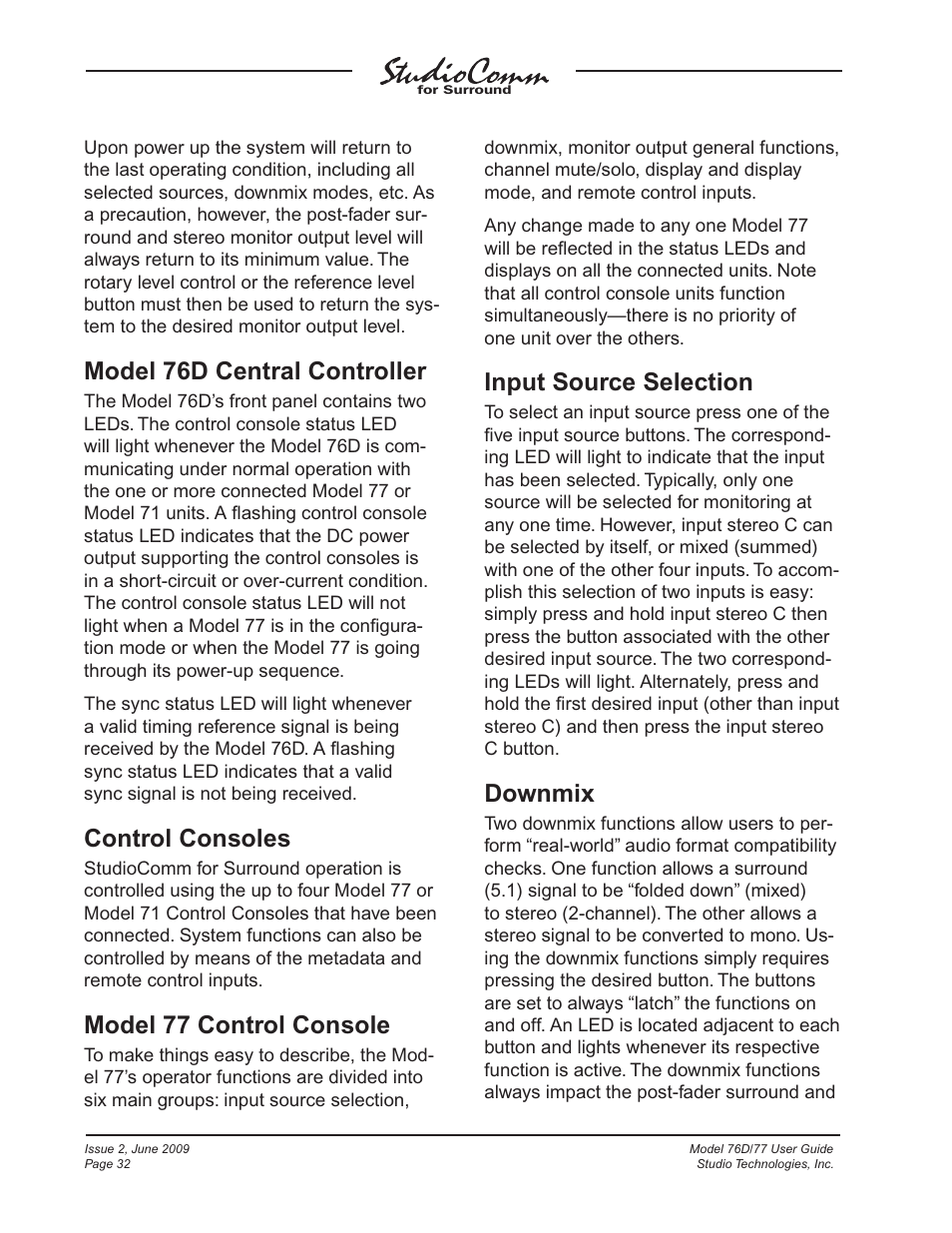 Model 76d central controller, Control consoles, Model 77 control console | Input source selection, Downmix | Studio Technologies 76D V.2.02 User Manual | Page 32 / 45