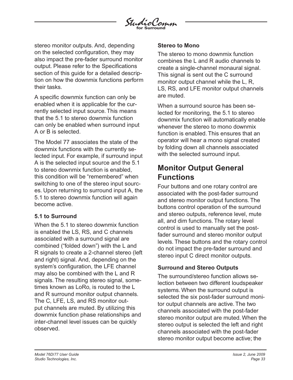 Monitor output general functions | Studio Technologies 76D V.2.02 User Manual | Page 33 / 45