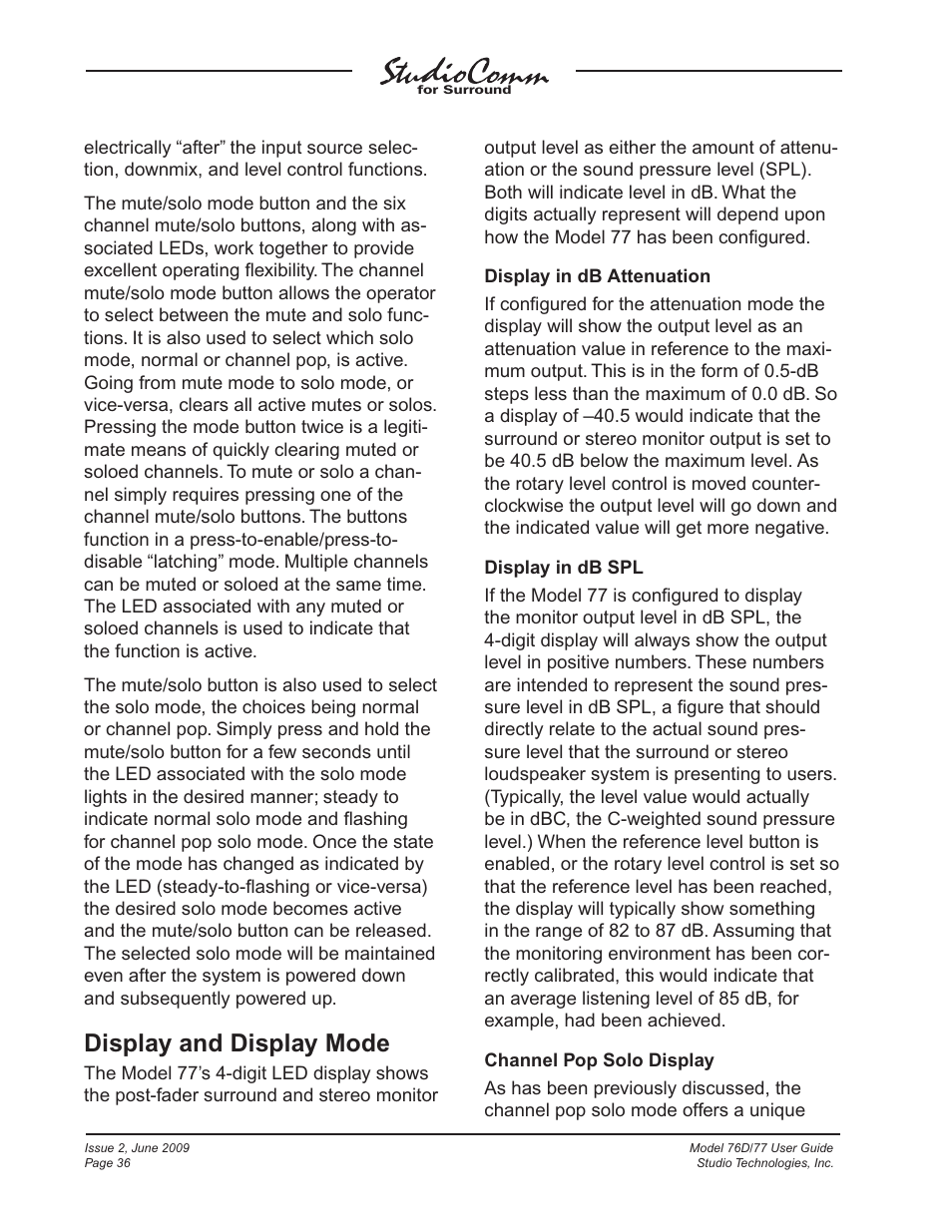 Display and display mode | Studio Technologies 76D V.2.02 User Manual | Page 36 / 45