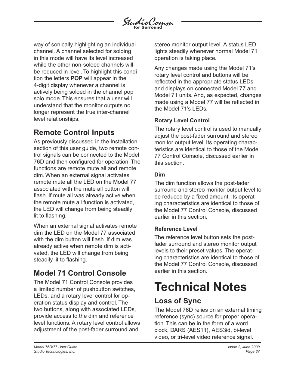 Technical notes, Remote control inputs, Model 71 control console | Loss of sync | Studio Technologies 76D V.2.02 User Manual | Page 37 / 45