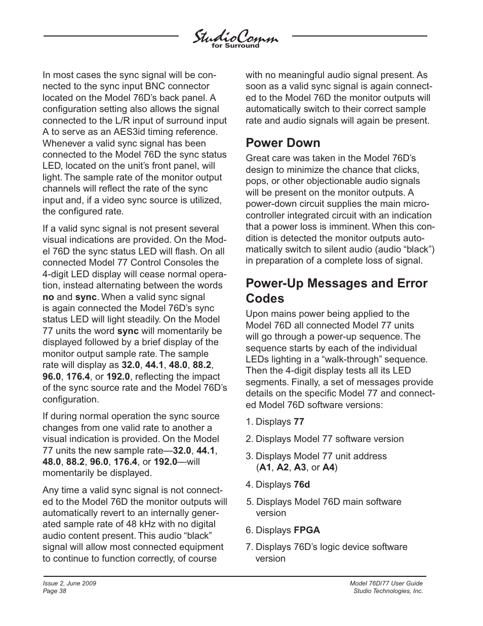 Power down, Power-up messages and error codes | Studio Technologies 76D V.2.02 User Manual | Page 38 / 45