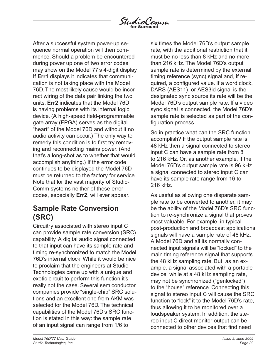 Sample rate conversion (src) | Studio Technologies 76D V.2.02 User Manual | Page 39 / 45