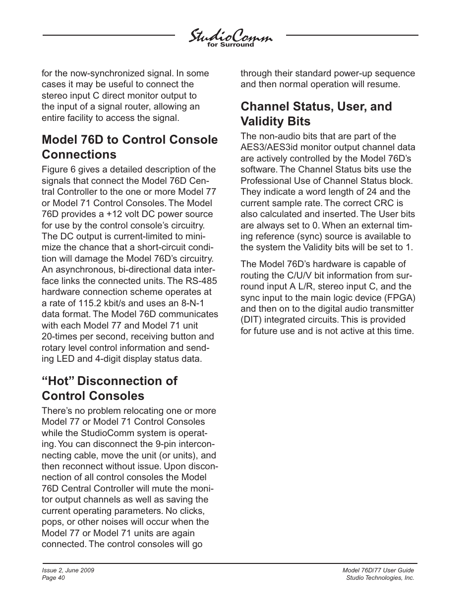 Model 76d to control console connections, Hot” disconnection of control consoles, Channel status, user, and validity bits | Studio Technologies 76D V.2.02 User Manual | Page 40 / 45