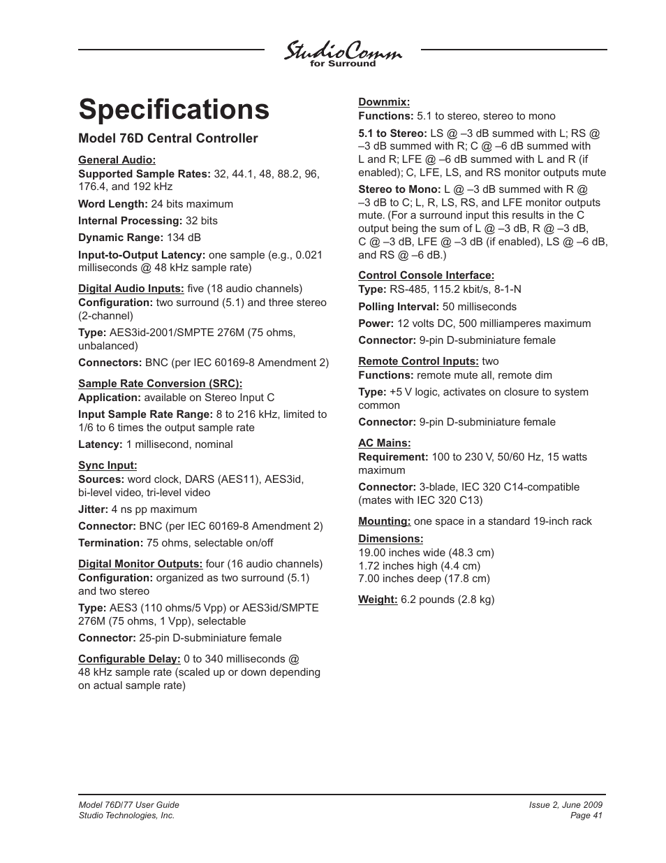 Specifications, Speciﬁcations | Studio Technologies 76D V.2.02 User Manual | Page 41 / 45