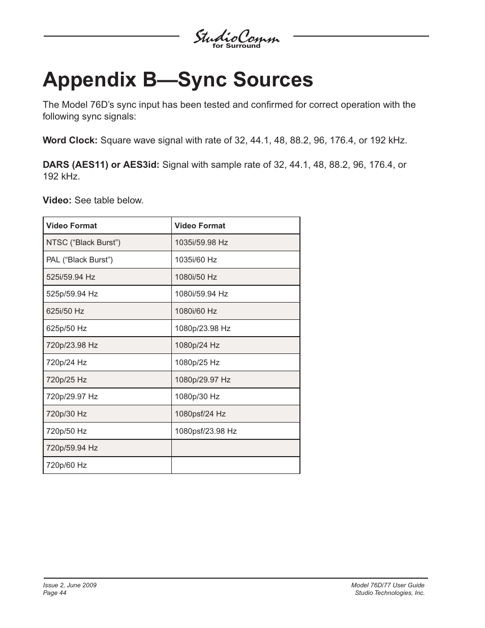 Appendix b—sync sources | Studio Technologies 76D V.2.02 User Manual | Page 44 / 45