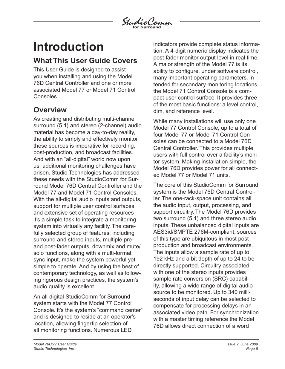 Introduction, What this user guide covers, Overview | Studio Technologies 76D V.2.02 User Manual | Page 5 / 45