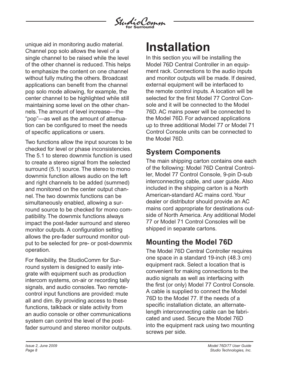 Installation, System components, Mounting the model 76d | Studio Technologies 76D V.2.02 User Manual | Page 8 / 45