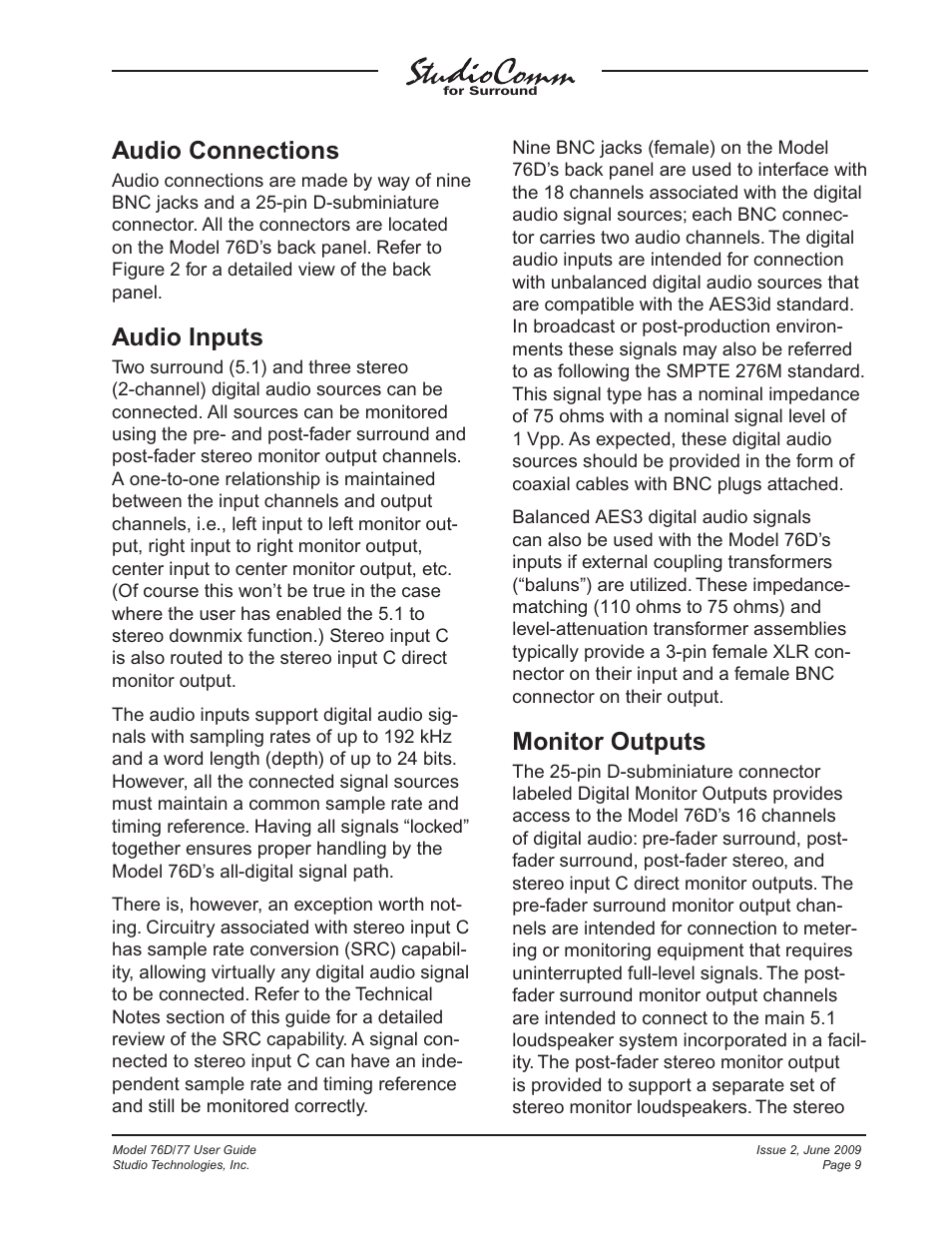 Audio connections, Audio inputs, Monitor outputs | Studio Technologies 76D V.2.02 User Manual | Page 9 / 45