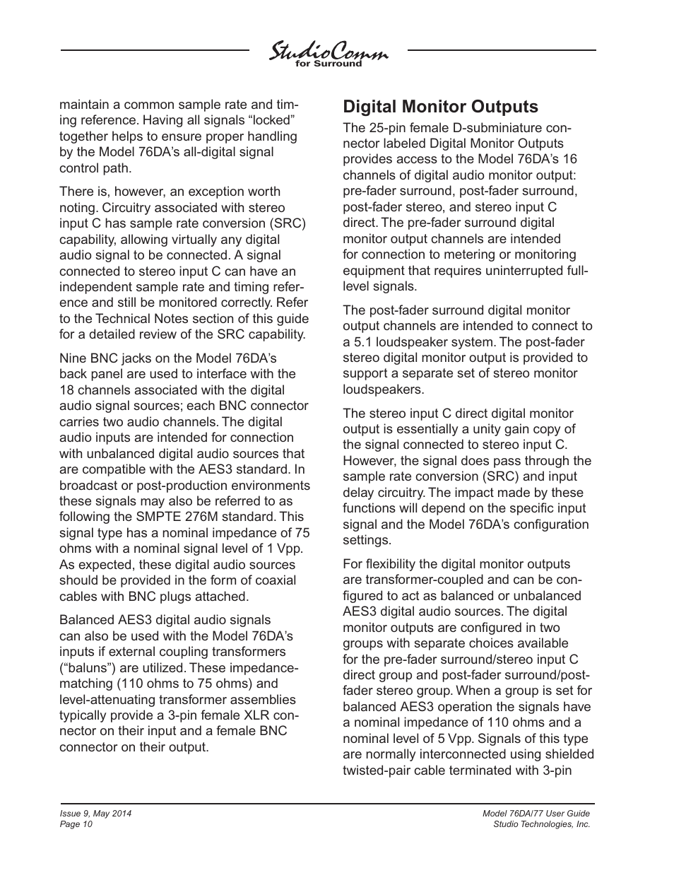 Digital monitor outputs | Studio Technologies 76DA V.4.12 User Manual | Page 10 / 53