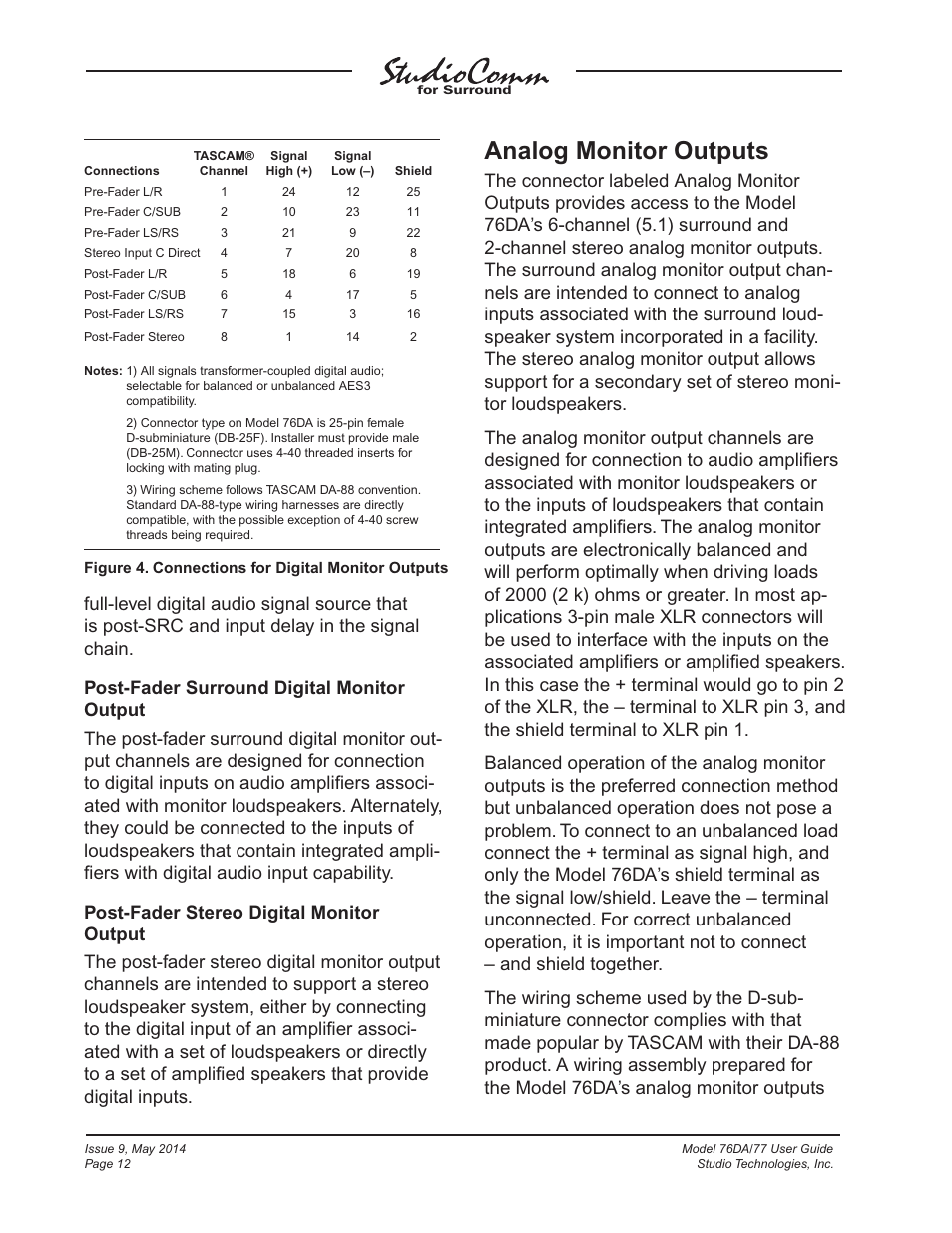 Analog monitor outputs | Studio Technologies 76DA V.4.12 User Manual | Page 12 / 53