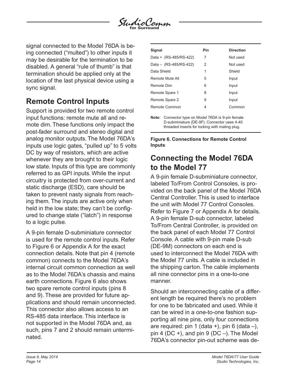 Remote control inputs, Connecting the model 76da to the model 77 | Studio Technologies 76DA V.4.12 User Manual | Page 14 / 53