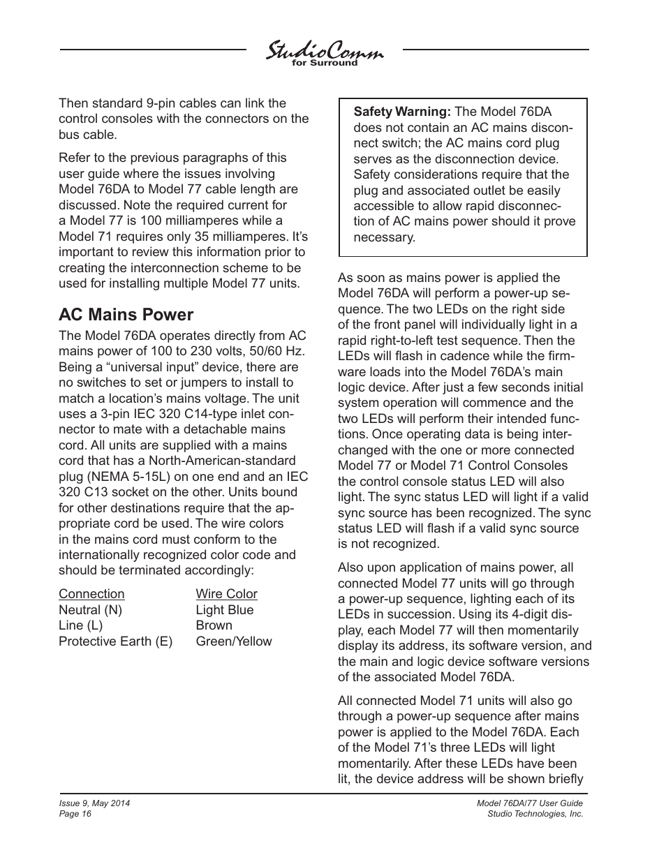 Ac mains power | Studio Technologies 76DA V.4.12 User Manual | Page 16 / 53