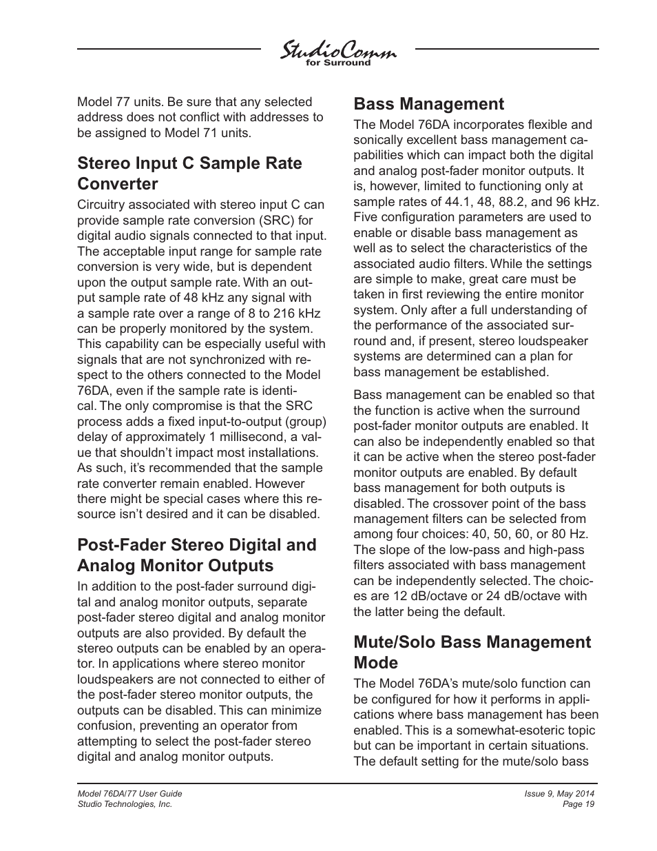 Stereo input c sample rate converter, Bass management, Mute/solo bass management mode | Studio Technologies 76DA V.4.12 User Manual | Page 19 / 53