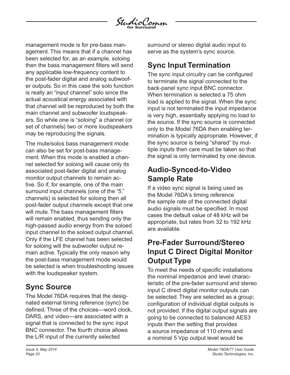 Sync source, Sync input termination, Audio-synced-to-video sample rate | Studio Technologies 76DA V.4.12 User Manual | Page 20 / 53