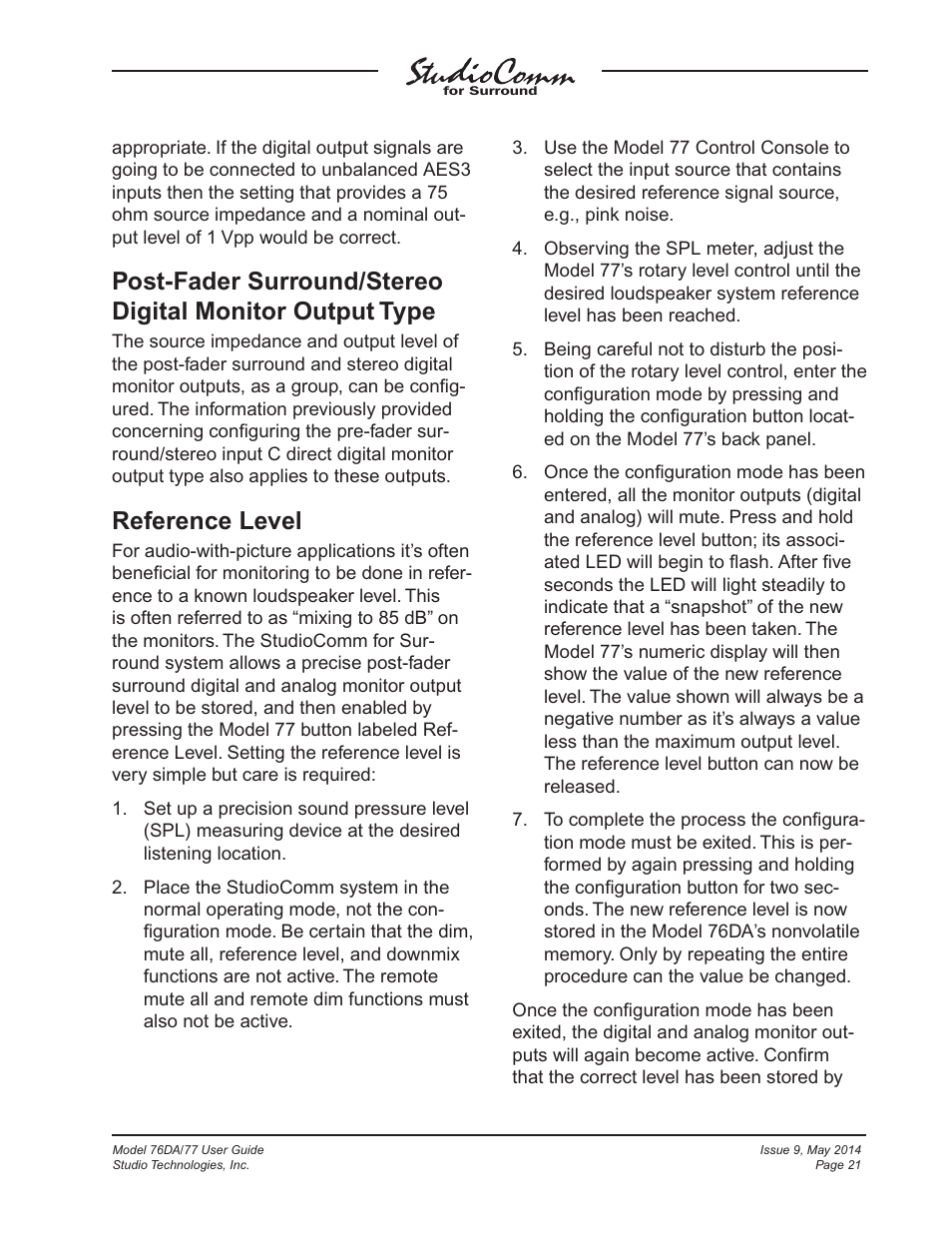 Reference level | Studio Technologies 76DA V.4.12 User Manual | Page 21 / 53